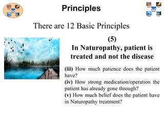 (5)
In Naturopathy, patient is
treated and not the disease
(iii) How much patience does the patient
have?
(iv) How strong medication/operation the
patient has already gone through?
(v) How much belief does the patient have
in Naturopathy treatment?
Principles
There are 12 Basic Principles
 