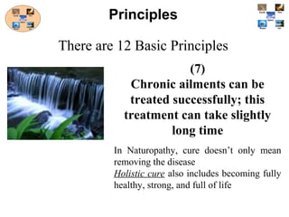 (7)
Chronic ailments can be
treated successfully; this
treatment can take slightly
long time
In Naturopathy, cure doesn’t only mean
removing the disease
Holistic cure also includes becoming fully
healthy, strong, and full of life
Principles
There are 12 Basic Principles
 