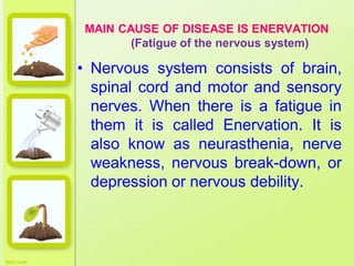 MAIN CAUSE OF DISEASE IS ENERVATION
(Fatigue of the nervous system)
• Nervous system consists of brain,
spinal cord and motor and sensory
nerves. When there is a fatigue in
them it is called Enervation. It is
also know as neurasthenia, nerve
weakness, nervous break-down, or
depression or nervous debility.
 