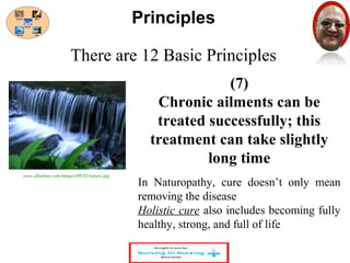 There are 12 Basic Principles 
(7) 
Principles 
Chronic ailments can be 
treated successfully; this 
treatment can take slightly 
long time 
In Naturopathy, cure doesn’t only mean 
removing the disease 
Holistic cure also includes becoming fully 
healthy, strong, and full of life 
www.alkalima.com/images/08-02/nature.jpg 
 
