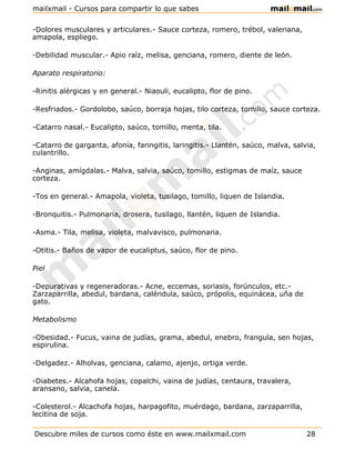 -Dolores musculares y articulares.- Sauce corteza, romero, trébol, valeriana,
amapola, espliego.
-Debilidad muscular.- Apio raíz, melisa, genciana, romero, diente de león.
Aparato respiratorio:
-Rinitis alérgicas y en general.- Niaouli, eucalipto, flor de pino.
-Resfriados.- Gordolobo, saúco, borraja hojas, tilo corteza, tomillo, sauce corteza.
-Catarro nasal.- Eucalipto, saúco, tomillo, menta, tila.
-Catarro de garganta, afonía, faringitis, laringitis.- Llantén, saúco, malva, salvia,
culantrillo.
-Anginas, amígdalas.- Malva, salvia, saúco, tomillo, estigmas de maíz, sauce
corteza.
-Tos en general.- Amapola, violeta, tusilago, tomillo, liquen de Islandia.
-Bronquitis.- Pulmonaria, drosera, tusilago, llantén, liquen de Islandia.
-Asma.- Tila, melisa, violeta, malvavisco, pulmonaria.
-Otitis.- Baños de vapor de eucaliptus, saúco, flor de pino.
Piel
-Depurativas y regeneradoras.- Acne, eccemas, soriasis, forúnculos, etc.-
Zarzaparrilla, abedul, bardana, caléndula, saúco, própolis, equinácea, uña de
gato.
Metabolismo
-Obesidad.- Fucus, vaina de judías, grama, abedul, enebro, frangula, sen hojas,
espirulina.
-Delgadez.- Alholvas, genciana, calamo, ajenjo, ortiga verde.
-Diabetes.- Alcahofa hojas, copalchi, vaina de judías, centaura, travalera,
aransano, salvia, canela.
-Colesterol.- Alcachofa hojas, harpagofito, muérdago, bardana, zarzaparrilla,
lecitina de soja.
Descubre miles de cursos como éste en www.mailxmail.com 28
mailxmail - Cursos para compartir lo que sabes
 