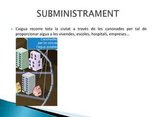 Després de la captació, l’aigua arriba a la planta de potabilització. L’aigua que es capta a la naturalesa normalment no és potable. En la planta de potabilització es tracta l’aigua per convertir-la en aigua potable. POTABILITZACIÓ