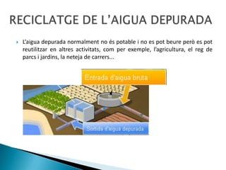 Un vegada s’ha utilitzat l’aigua, aquest passa a ser aigua residual (aigua bruta) i es recull en el clavegueram de la ciutat. El clavegueram és una xarxa de canonades que facilita la recollida de les aigües residuals i de l’aigua de pluja per a conduir-les fins a les estacions depuradores. CLAVEGUERAM