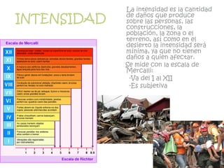 INTENSIDAD
La intensidad es la cantidad
de daños que produce
sobre las personas, las
construcciones, la
población, la zona o el
terreno, así como en el
desierto la intensidad será
mínima, ya que no tienen
daños a quien afectar.
Se mide con la escala de
Mercalli:
-Va del I al XII
-Es subjetiva
 