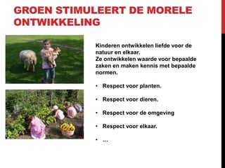 GROEN STIMULEERT DE MORELE
ONTWIKKELING
Kinderen ontwikkelen liefde voor de
natuur en elkaar.
Ze ontwikkelen waarde voor bepaalde
zaken en maken kennis met bepaalde
normen.
• Respect voor planten.
• Respect voor dieren.

• Respect voor de omgeving
• Respect voor elkaar.
• …

 