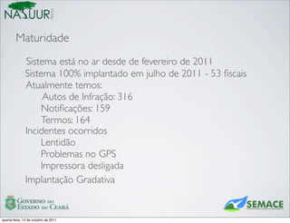 Mobile
        Maturidade
              Sistema está no ar desde de fevereiro de 2011
              Sistema 100% implantado em julho de 2011 - 53 ﬁscais
              Atualmente temos:
                   Autos de Infração: 316
                   Notiﬁcações: 159
                   Termos: 164
              Incidentes ocorridos
                  Lentidão
                  Problemas no GPS
                  Impressora desligada
              Implantação Gradativa


quarta-feira, 12 de outubro de 2011
 