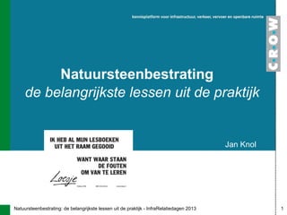 Natuursteenbestrating
de belangrijkste lessen uit de praktijk

Jan Knol

Natuursteenbestrating: de belangrijkste lessen uit de praktijk - InfraRelatiedagen 2013

1

 