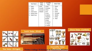 Tata Vadya (Stringed)
Sushir Vadya (Wind)
Avanaddha Vadya
(Percussion)
Ghana Vadya (Cymbals)
Thakur College Of Science & Commerce,Mumbai
 