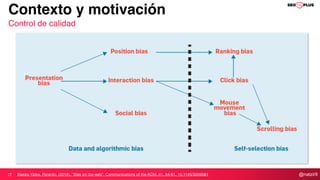 @natzir9
Contexto y motivación
Control de calidad
Baeza-Yates, Ricardo. (2018). "Bias on the web". Communications of the ACM. 61. 54-61. 10.1145/3209581
 