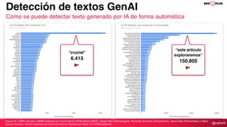 @natzir9
Detección de textos GenAI
Cómo se puede detectar texto generado por IA de forma automática
Corpus IA: +530K artículos (+360M palabras) por David García (@DavidGarciaSEO), Sergio Ruiz (@seryitogost), Fernando González (@nandovcia), Jesus Arias (@chuchiseo) y Natzir
Corpus Humano: Versión española de CommonCrawl en Español por Meta (+13.700M palabras)
“crucial”
6.413
🚩
“este artículo
exploraremos”
150.805
🚩
 