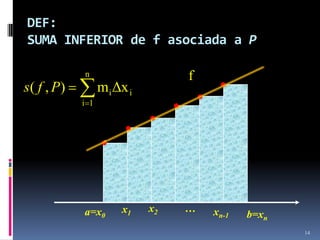 DEF:
SUMA INFERIOR de f asociada a P

            n                     f
s( f , P)         m i Δx i
            i 1




            a=x0       x1    x2   …   xn-1   b=xn
                                                    14
 