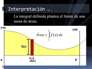 Interpretación …
  La integral definida plantea el límite de una
  suma de áreas.

                       b
                Área       f ( x) dx
                       a
 