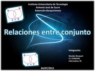 Instituto Universitaria de Tecnología
        Antonio José de Sucre
       Extensión Barquisimeto




                                        Integrante:

                                        Naudys Bouquet
                                        CI: 21046342
                                        Informática 78


           04/07/2012
 