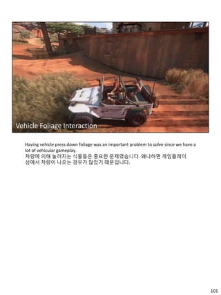 101
Having vehicle press down foliage was an important problem to solve since we have a
lot of vehicular gameplay.
차량에 의해 ...