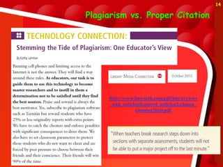 Plagiarism vs. Proper Citation
http://www.linworth.com/pdf/lmc/reviews
_and_articles/featured_articles/Lehman_
October2010.pdf
14
 
