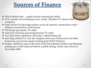 Sources of Finance
 Wife & Batch mate – angel investor running the family
 25 $ a month cost of sharing server- sushil ( Brother-5 % share in the
company)
 Some money by Info edge-(salary survey & reports)- construction work –
shifted to second floor of his house.
 VN Saroja-operations- 9% stake
 Anil Lall ( friend & good programmer)-7% stake
 Two Data Entry Operators- Recession –offered them job
 Info Edge (India) Pvt. Ltd, the company that owns Naukri.com and other
businesses, got private-equity funding from ICICI Ventures,
 further validation came in the form of PE firms Kleiner Perkins and Sherpalo
picking up a small stake just before a public listing, which came about in
November 2006.

 