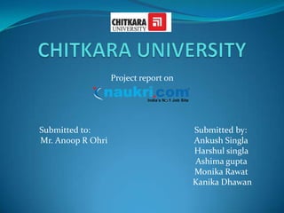Project report on




Submitted to:                          Submitted by:
Mr. Anoop R Ohri                       Ankush Singla
                                       Harshul singla
                                       Ashima gupta
                                       Monika Rawat
                                       Kanika Dhawan
 