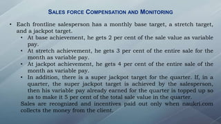 SALES FORCE COMPENSATION AND MONITORING
• Each frontline salesperson has a monthly base target, a stretch target,
and a jackpot target.
• At base achievement, he gets 2 per cent of the sale value as variable
pay.
• At stretch achievement, he gets 3 per cent of the entire sale for the
month as variable pay.
• At jackpot achievement, he gets 4 per cent of the entire sale of the
month as variable pay.
• In addition, there is a super jackpot target for the quarter. If, in a
quarter, the super jackpot target is achieved by the salesperson,
then his variable pay already earned for the quarter is topped up so
as to make it 5 per cent of the total sale value in the quarter.
Sales are recognized and incentives paid out only when naukri.com
collects the money from the client.
 