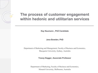The process of customer engagement
within hedonic and utilitarian services
Kay Naumann , PhD Candidate
Jana Bowden, PhD
Department of Marketing and Management, Faculty of Business and Economics,
Macquarie University, Sydney, Australia
Tracey Dagger, Associate Professor
Department of Marketing, Faculty of Business and Economics,
Monash University, Melbourne, Australia
 