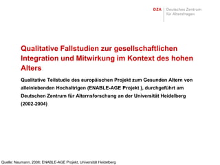 Qualitative Fallstudien zur gesellschaftlichen
           Integration und Mitwirkung im Kontext des hohen
           Alters
           Qualitative Teilstudie des europäischen Projekt zum Gesunden Altern von
           alleinlebenden Hochaltrigen (ENABLE-AGE Projekt ), durchgeführt am
           Deutschen Zentrum für Alternsforschung an der Universität Heidelberg
           (2002-2004)




Quelle: Naumann, 2006; ENABLE-AGE Projekt, Universität Heidelberg
 