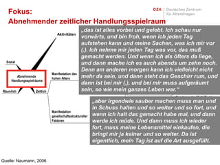 Fokus:
   Abnehmender zeitlicher Handlungsspielraum
                                                   „das ist alles vorbei und gelebt. Ich schau nur
                                 Physisch
                                 Aktivitäten
                                                   vorwärts, und bin froh, wenn ich jeden Tag
                                                   aufstehen kann und meine Sachen, was ich mir vor
                                                   (.). Ich nehme mir jeden Tag was vor, das muß
                                                     Abnehmendes
                                                                      Vorbereitung auf den Tod
                                                   gemacht werden. Und wenn ich als öfters da liege,
                                                     "existentielles"
  Sozial                                             Zeitbudget       Verschiebung von
                                                   und dann mache ich es auch abends um zehn noch.
                                                                      Interessen und
                                                   Denn am anderen morgen kann ich vielleicht nicht
                                                                      Prioritäten
                              Manifestation des
        Abnehmende
                              hohen Alters         mehr da sein, und Steigender steht Kraftaufwand
                                                                                   dann Zeit- und das Geschirr rum, und
     Handlungsspielräume                                                          für die selbständige
                                                   dann ist bei mir (.), und bei mir muss aufgeräumt
                                                     Abnehmendes alltägliches     Lebensführung
Räumlich           Zeitlich                        sein, so wie mein ganzes Leben war.“ von Gegenständen
                                                     Zeitbudget
                                                                                                       Suche
                                                                           Abnehmende Konzentration
                                                                                                      Abnehmendes Multi-Tasking
                                                           „aber irgendwie sauber machen muss man und
                                                                                    Bereitschaft Aufgaben abzugeben
                                                           in Schuss halten und so weiter und so fort, und
                              Manifestation
                              gesellschaftsstruktureller   wenn und Bedarfsgerechtigkeit zu
                                                            Zugang ich halt das gemacht habe mal, und dann
                                                            hauswirtschaftlicher Hilfe
                              Faktoren                     werde ich müde. Und dann muss ich wieder
                                                            Infrastruktur des Wohnumfeldes
                                                           fort, muss meine Lebensmittel einkaufen, die
                                                            Zugänglichkeit der Wohnumwelt
                                                           bringt mir ja keiner und so weiter. Da ist
                                                           eigentlich, mein Tag ist auf die Art ausgefüllt.
                                                           Und da will ich nicht noch mehr dazu haben,
                                                           verstehen sie.“
Quelle: Naumann, 2006
 