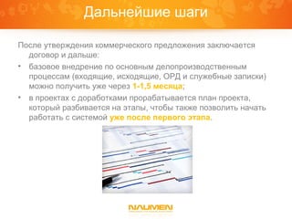 Дальнейшие шаги

После утверждения коммерческого предложения заключается
  договор и дальше:
• базовое внедрение по основным делопроизводственным
  процессам (входящие, исходящие, ОРД и служебные записки)
  можно получить уже через 1-1,5 месяца;
• в проектах с доработками прорабатывается план проекта,
  который разбивается на этапы, чтобы также позволить начать
  работать с системой уже после первого этапа.
 