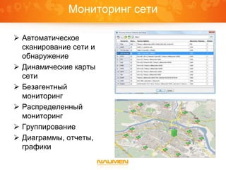 Мониторинг сети
 Автоматическое
сканирование сети и
обнаружение
 Динамические карты
сети
 Безагентный
мониторинг
 Распределенный
мониторинг
 Группирование
 Диаграммы, отчеты,
графики
 