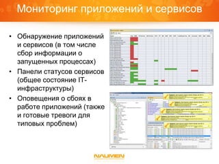 Мониторинг приложений и сервисов
• Обнаружение приложений
и сервисов (в том числе
сбор информации о
запущенных процессах)
• Панели статусов сервисов
(общее состояние IT-
инфраструктуры)
• Оповещения о сбоях в
работе приложений (также
и готовые тревоги для
типовых проблем)
 