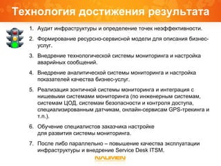 Технология достижения результата
1. Аудит инфраструктуры и определение точек неэффективности.
2. Формирование ресурсно-сервисной модели для описания бизнес-
услуг.
3. Внедрение технологической системы мониторинга и настройка
аварийных сообщений.
4. Внедрение аналитической системы мониторинга и настройка
показателей качества бизнес-услуг.
5. Реализация зонтичной системы мониторинга и интеграция с
нишевыми системами мониторинга (по инженерным системам,
системам ЦОД, системам безопасности и контроля доступа,
специализированным датчикам, онлайн-сервисам GPS-трекинга и
т.п.).
6. Обучение специалистов заказчика настройке
для развития системы мониторинга.
7. После либо параллельно – повышение качества эксплуатации
инфраструктуры и внедрение Service Desk ITSM.
 