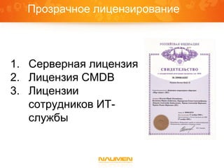 Прозрачное лицензирование



1. Серверная лицензия
2. Лицензия CMDB
3. Лицензии
   сотрудников ИТ-
   службы
 