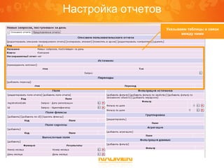 Настройка отчетов
                    Указываем таблицы и связи
                           между ними
 