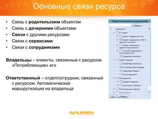 Основные связи ресурса
•   Связь с родительским объектом
•   Связь с дочерними объектами
•   Связи с другими ресурсами
•   Связи с сервисами
•   Связи с сотрудниками

Владельцы – клиенты, связанные с ресурсом.
  «Потребляющие» его

Ответственный – отдел/сотрудник, связанный
  с ресурсом. Автоматическая
  маршрутизация на владельца
 