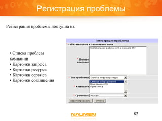 Регистрация проблемы

Регистрация проблемы доступна из:




 • Списка проблем
 компании
 • Карточки запроса
 • Карточки ресурса
 • Карточки сервиса
 • Карточки соглашения




                                     82
 