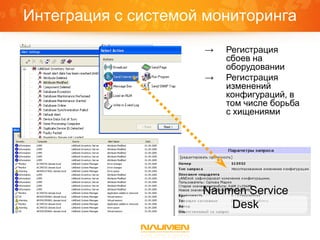 Интеграция с системой мониторинга
                     →   Регистрация
                         сбоев на
                         оборудовании
                     →   Регистрация
                         изменений
                         конфигураций, в
                         том числе борьба
                         с хищениями




                     Naumen Service
                         Desk
 