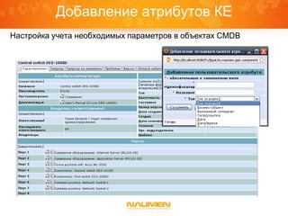 Добавление атрибутов КЕ
Настройка учета необходимых параметров в объектах CMDB
 