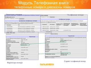 Модуль Телефонная книга:
телефонные номера и диапазоны номеров
Диапазоны номеров Телефонные номера
Параметры номера
Сервис телефонный номер
 