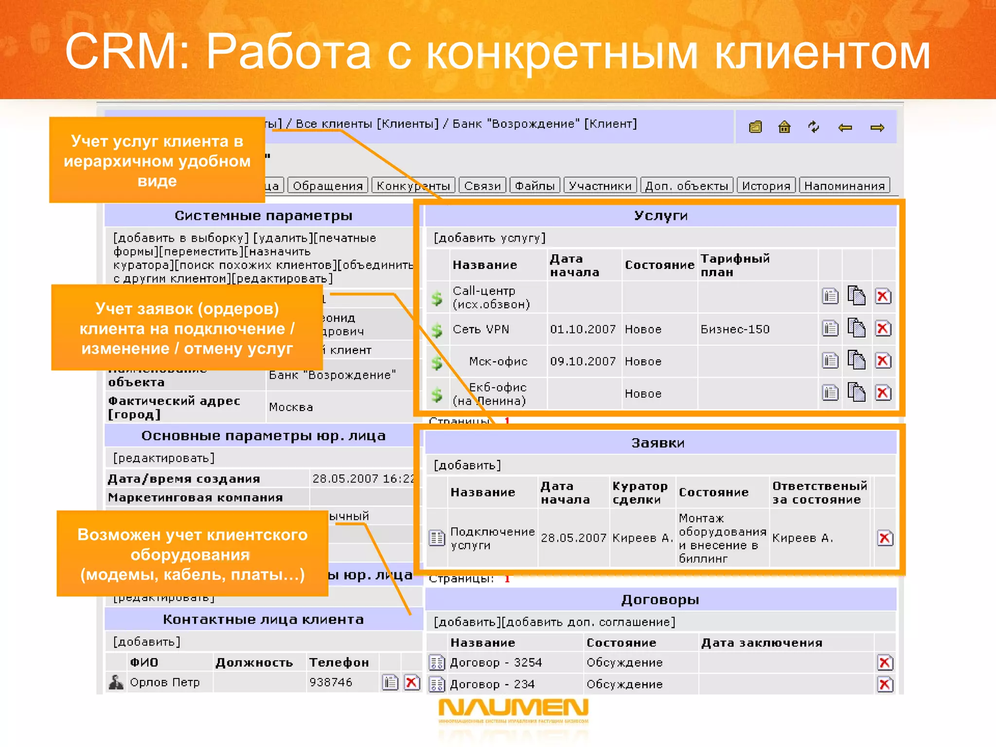 CRM : Работа с конкретным клиентом Учет услуг клиента в иерархичном удобном виде Учет заявок (ордеров) клиента на подключение / изменение / отмену услуг Возможен учет клиентского оборудования  (модемы, кабель, платы…) 