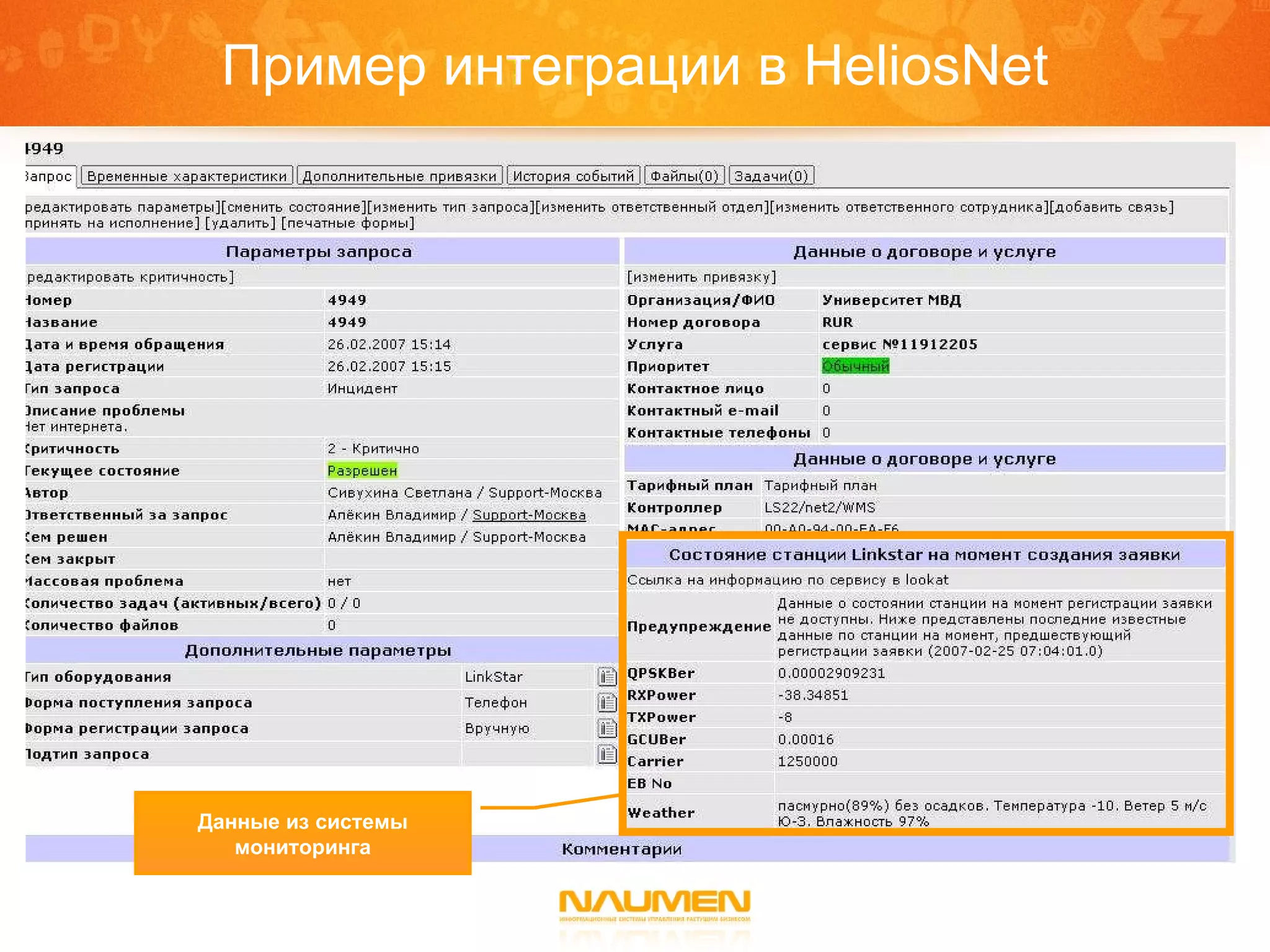 Пример интеграции в  HeliosNet Данные из системы мониторинга 