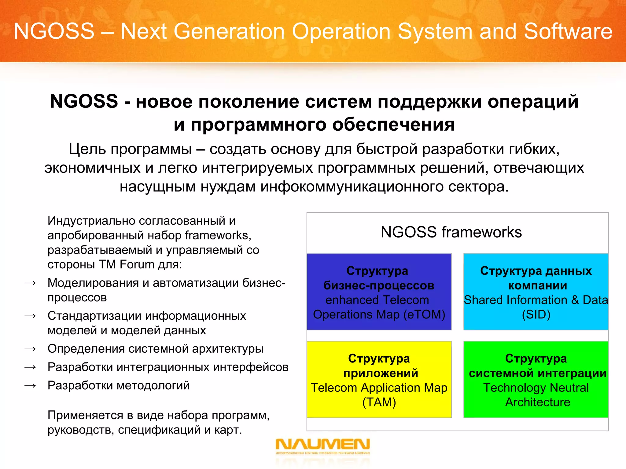 NGOSS – Next Generation Operation System and Software Индустриально согласованный и апробированный набор frameworks, разрабатываемый и управляемый со стороны TM Forum для : Моделирования и автоматизации бизнес-процессов Стандартизации информационных моделей и моделей данных Определения системной архитектуры Разработки интеграционных интерфейсов Разработки методологий Применяется в виде набора программ, руководств, спецификаций и карт. NGOSS - новое поколение систем поддержки операций и программного обеспечения Цель программы – создать основу для быстрой разработки гибких, экономичных и легко интегрируемых программных решений, отвечающих насущным нуждам инфокоммуникационного сектора. Структура  бизнес-процессов enhanced Telecom  Operations Map (eTOM) Структура приложений Telecom Application Map (TAM) Структура данных компании Shared Information & Data (SID) Структура системной интеграции Technology Neutral Architecture NGOSS frameworks 