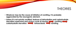 THEORIES
• Whatever may be the cause of initiation of vomiting, it is probably
aggravated by the neurogenic element.
• Unless it is not quickly rectified, features of dehydration and carbohydrate
starvation supervene and vicious cycle of nausea vomiting
carbohydrate starvation ketoacidosis vomiting.
 