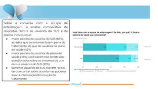 Sobre a conversa com a equipe de
enfermagem, a análise comparativa de
respostas dentre os usuários do SUS e de
planos indicou que:
● maior parcela de usuários do SUS (65%),
acredita que os sintomas fazem parte do
tratamento, do que de usuários de plano
de saúde (42%)
● maior parcela de usuários de plano de
saúde (37%) justiﬁcaram não terem sido
questionados sobre os sintomas do que
dentre usuários do SUS (22%)
● somente usuários do SUS tiveram receio
de que contar sobre os sintomas pudesse
levar a interrupção/diminuição do
tratamento
 
