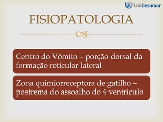 
Centro do Vômito – porção dorsal da
formação reticular lateral
Zona quimiorreceptora de gatilho –
postrema do assoalho do 4 ventriculo
FISIOPATOLOGIA
 