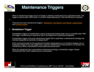 Maintenance Triggers
When a maintenance trigger occurs it initiates a need for maintenance at an operational level. The
tr...