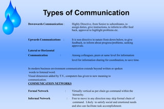Types of Communication
Downwards Communication :             Highly Directive, from Senior to subordinates, to
                                      assign duties, give instructions, to inform to offer feed
                                      back, approval to highlight problems etc.


Upwards Communications :              It is non directive in nature from down below, to give
                                      feedback, to inform about progress/problems, seeking
                                      approvals.
Lateral or Horizontal
Communication             :           Among colleagues, peers at same level for information
                                      level for information sharing for coordination, to save time.

In modern business environment communication extends beyond written or spoken
 words to listened word.
Visual dimension added by T.V., computers has given to new meaning to
communication.
COMMUNICATION NETWORKS

Formal Network                :       Virtually vertical as per chain go command within the
                                       hierarchy.
Informal Network                  :   Free to move in any direction may skip formal chain of
                                       command. Likely to satisfy social and emotional needs
                                      and also can facilitate task accomplishment.
 