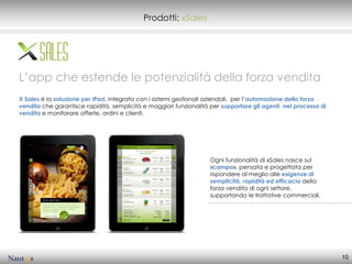 Prodotti: xSales




L’app che estende le potenzialità della forza vendita
X Sales è la soluzione per iPad, integrata con i sistemi gestionali aziendali, per l’automazione della forza
vendita che garantisce rapidità, semplicità e maggiori funzionalità per supportare gli agenti nel processo di
vendita e monitorare offerte, ordini e clienti.




                                                                   Ogni funzionalità di xSales nasce sul
                                                                   «campo», pensata e progettata per
                                                                   rispondere al meglio alle esigenze di
                                                                   semplicità, rapidità ed efficacia della
                                                                   forza vendita di ogni settore,
                                                                   supportando le trattative commerciali.




                                                                                                                10
 