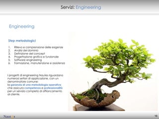 Servizi: Engineering



 Engineering


Step metodologici

1.   Rilievo e comprensione delle esigenze
2.   Analisi del dominio
3.   Definizione del concept
4.   Progettazione grafica e funzionale
5.   Software engineering
6.   Formazione, manutenzione e assistenza



I progetti di engineering Nautes riguardano
numerosi settori di applicazione, con un
denominatore comune:
la garanzia di una metodologia operativa
che assicura competenza e professionalità
per un servizio completo di affiancamento
al cliente.




                                                                16
 