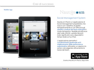 Casi di successo

Mobile App




                                Social Management System
                                Nautes.sm iPad è un applicazione di
                                Social Management proprietaria che
                                nasce con l’obiettivo di gestire
                                tempestivamente e con efficacia gli
                                obiettivi condivisi dei team aziendali in
                                modo tempestivo, flessibile ed efficace;
                                alert sulle criticità, update rilevanti,
                                indici significativi sono disponibili in
                                tempo reale sul tuo iPad.

                                L’applicazione permette il
                                coordinamento gestionale ed il
                                miglioramento delle performance
                                organizzative attraverso un approccio
                                social, coinvolgendo attivamente le
                                risorse del team.




                                        Scarica Nautes.sm iPad su App store




                                                                              19
 