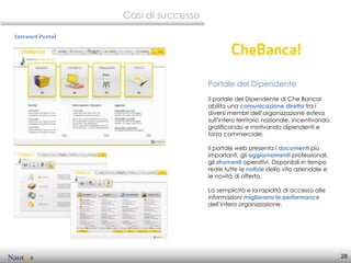 Casi di successo

Intranet Portal




                                     Portale del Dipendente
                                     Il portale del Dipendente di Che Banca!
                                     abilita una comunicazione diretta tra i
                                     diversi membri dell’organizzazione estesa
                                     sull’intero territorio nazionale, incentivando,
                                     gratificando e motivando dipendenti e
                                     forza commerciale.

                                     Il portale web presenta i documenti più
                                     importanti, gli aggiornamenti professionali,
                                     gli strumenti operativi. Disponibili in tempo
                                     reale tutte le notizie della vita aziendale e
                                     le novità di offerta.

                                     La semplicità e la rapidità di accesso alle
                                     informazioni migliorano le performance
                                     dell’intera organizzazione.




                                                                                       28
 