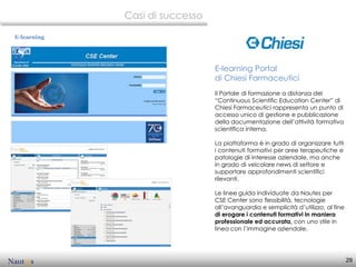 Casi di successo

E-learning




                                E-learning Portal
                                di Chiesi Farmaceutici
                                Il Portale di formazione a distanza del
                                “Continuous Scientific Education Center” di
                                Chiesi Farmaceutici rappresenta un punto di
                                accesso unico di gestione e pubblicazione
                                della documentazione dell’attività formativa
                                scientifica interna.

                                La piattaforma è in grado di organizzare tutti
                                i contenuti formativi per aree terapeutiche e
                                patologie di interesse aziendale, ma anche
                                in grado di veicolare news di settore e
                                supportare approfondimenti scientifici
                                rilevanti.

                                Le linee guida individuate da Nautes per
                                CSE Center sono flessibilità, tecnologie
                                all’avanguardia e semplicità d’utilizzo, al fine
                                di erogare i contenuti formativi in maniera
                                professionale ed accurata, con uno stile in
                                linea con l’immagine aziendale.




                                                                                   29
 