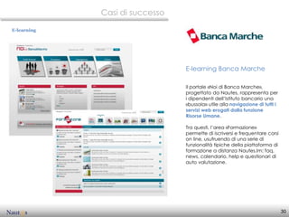 Casi di successo

E-learning




                                E-learning Banca Marche

                                Il portale «Noi di Banca Marche»,
                                progettato da Nautes, rappresenta per
                                i dipendenti dell’Istituto bancario una
                                «bussola» utile alla navigazione di tutti i
                                servizi web erogati dalla funzione
                                Risorse Umane.

                                Tra questi, l’area «Formazione»
                                permette di iscriversi e frequentare corsi
                                on line, usufruendo di una serie di
                                funzionalità tipiche della piattaforma di
                                formazione a distanza Nautes.lm: faq,
                                news, calendario, help e questionari di
                                auto valutazione.




                                                                              30
 